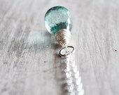 Teal Blue Necklace Sterling Silver Quartz Gemstones Wire Wrapped Large Pendant Aquamarine