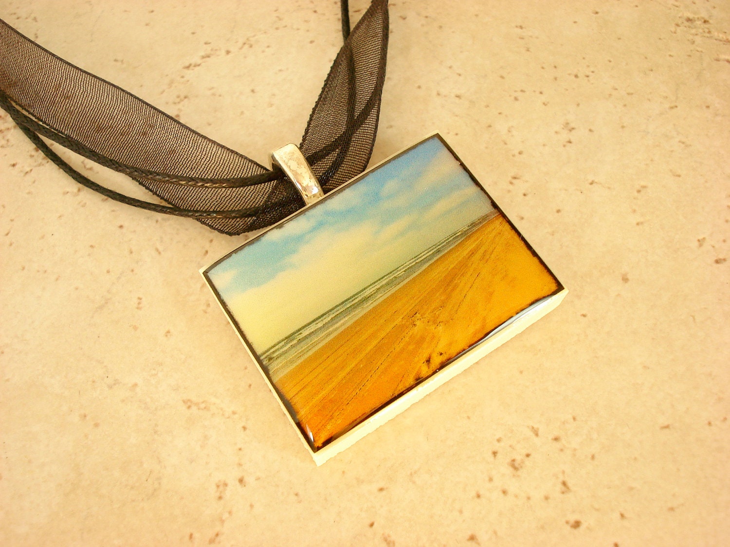 Long Beach WA Pacific Northwest polymer clay photo picture pendant on organza ribbon necklace