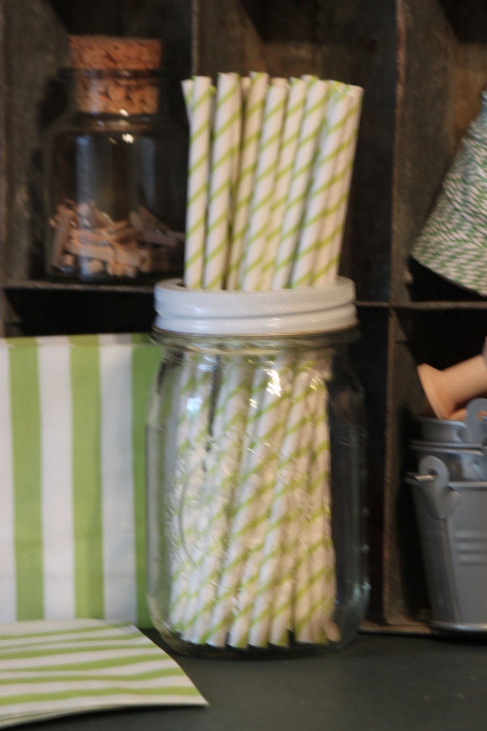 Green Paper Straws Set of 20 - Thin Stripe Il_570xn
