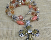 Coral Beaded Wire Crochet Necklace with Two Tone Interchangeable Cross Pendant