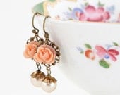 Peach Flower Earrings - Peach Jewelry - Wedding Jewelry -Peach Earrings, Drop Earrings