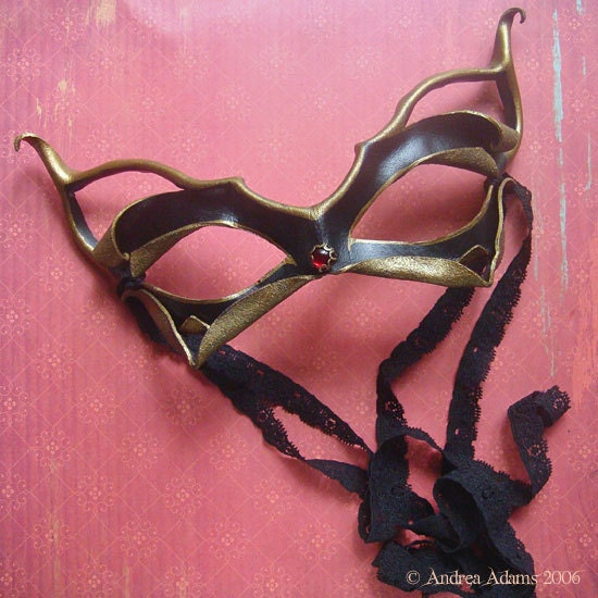 Pixie Cat - Jewelled Leather Mask In Black and Brass Gold - Made To Order