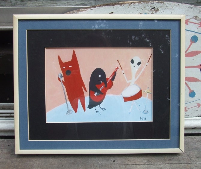 Funny Jam Band Art Print with Cat Singer, Guitar Playing Crow, and an Alien Drummer - On Stage Music Artwork Illustration