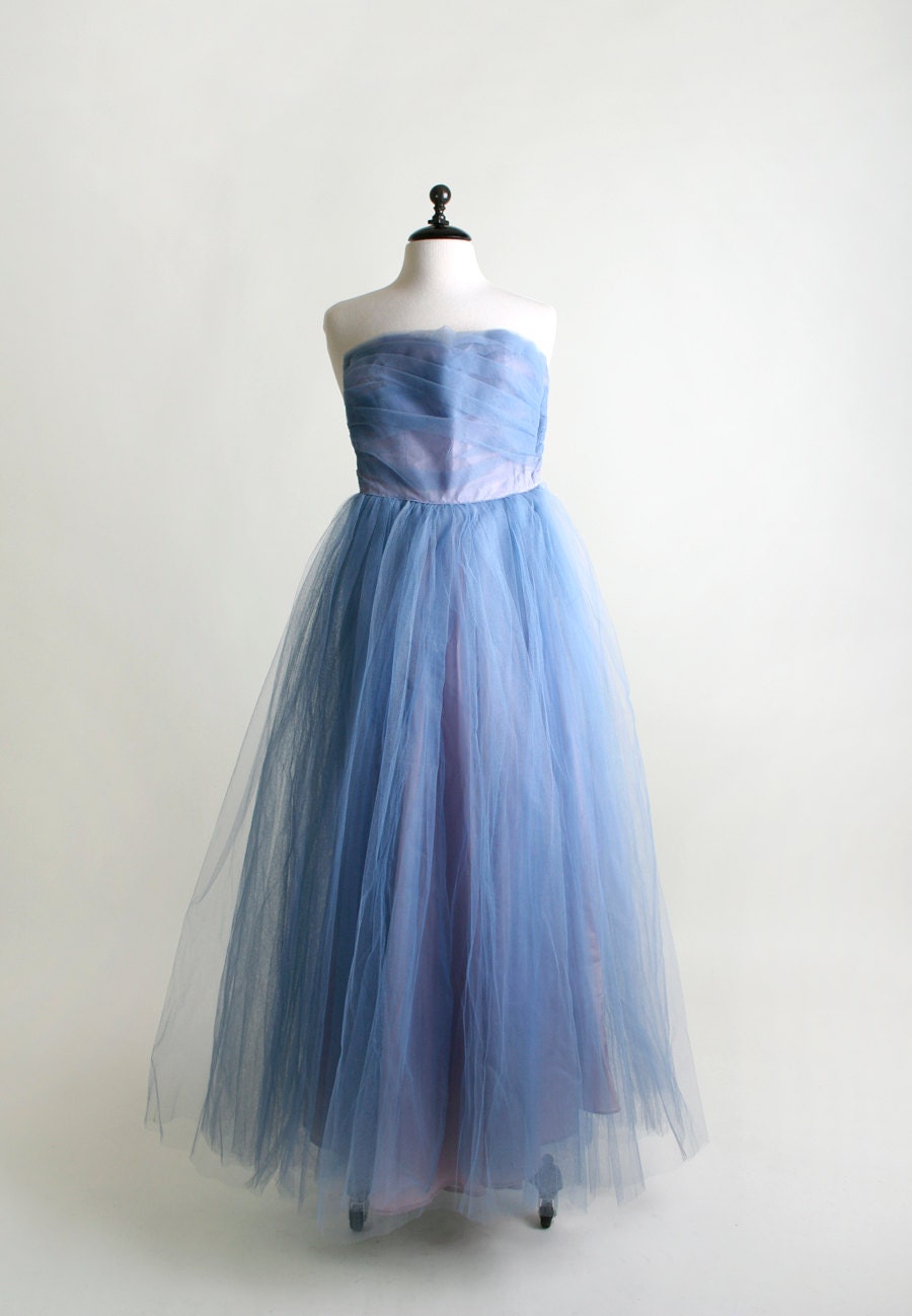 1950s Tulle Dress - Vintage Strapless Powder Blue Prom Gown - XS