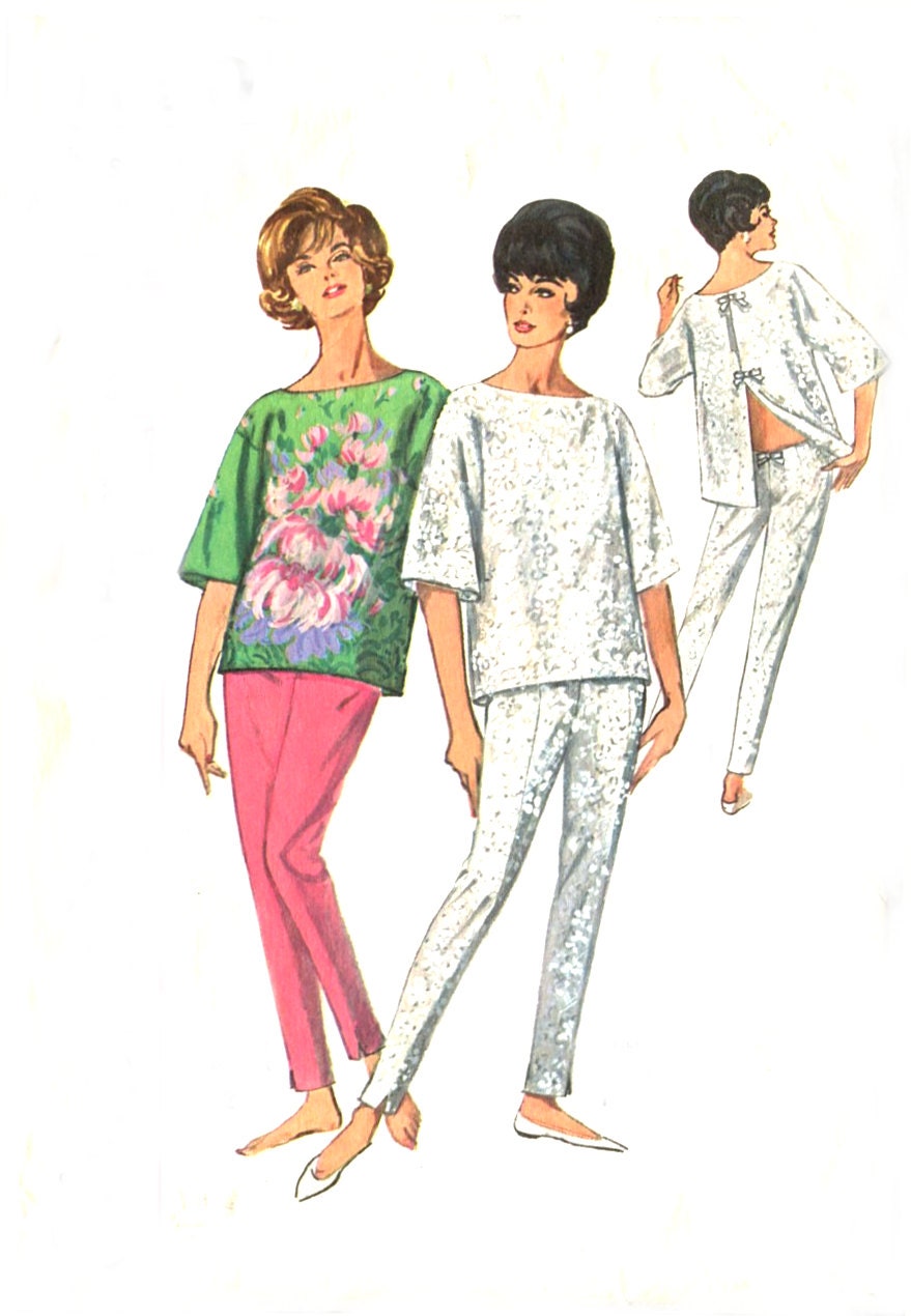60s Mod Open Back Top / Hip Hugger Pants - Simplicity 5750 - Bow Trim - Vintage Sewing Pattern - Size 16 / Bust 36