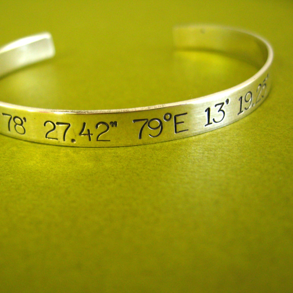 Latitude and Longitude Cuff Bracelet in Sterling Silver - Personalized hand stamped cuff bracelet