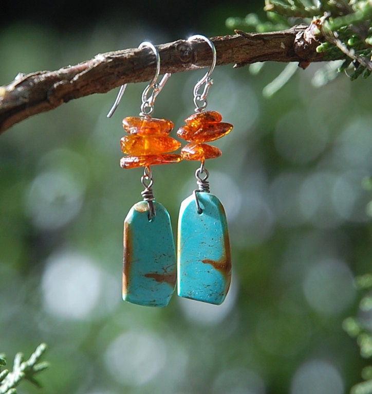 Turquoise, Amber Earrings.  Southwest, Kingman Turquoise, Gift for Her