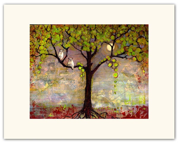 Owl Decor Print Art Tree with Moon 8X10 with mat New Moon