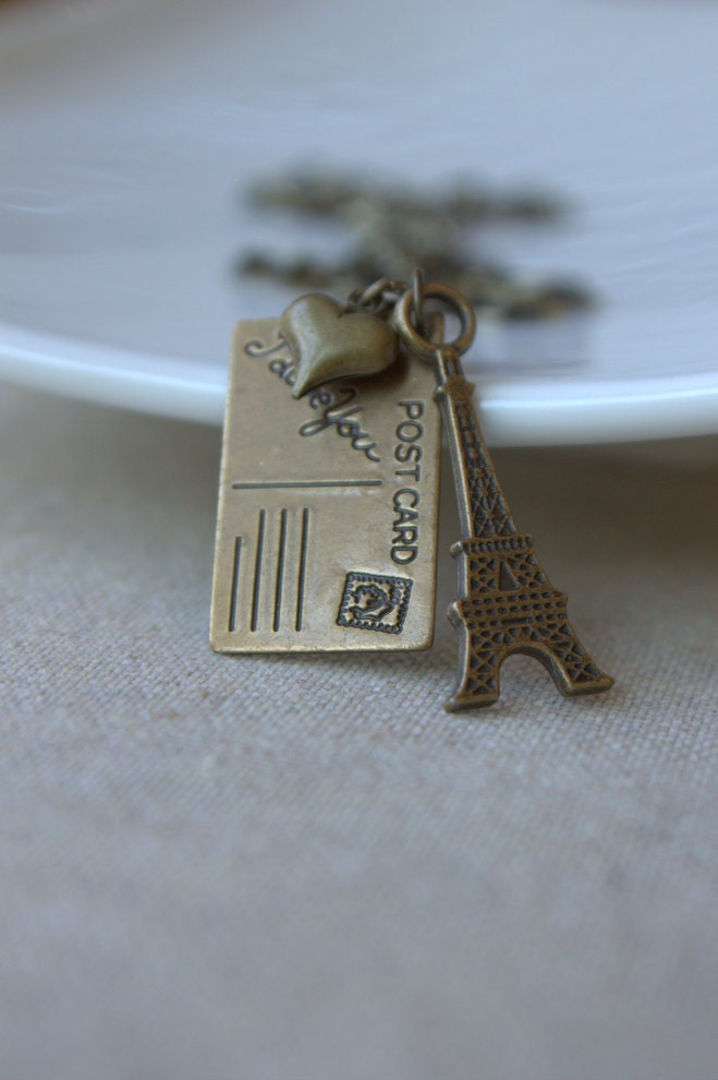 Paris Charm Necklace, Postcards from Paris, Antiqued Brass Necklace, Eiffel Tower, Heart,