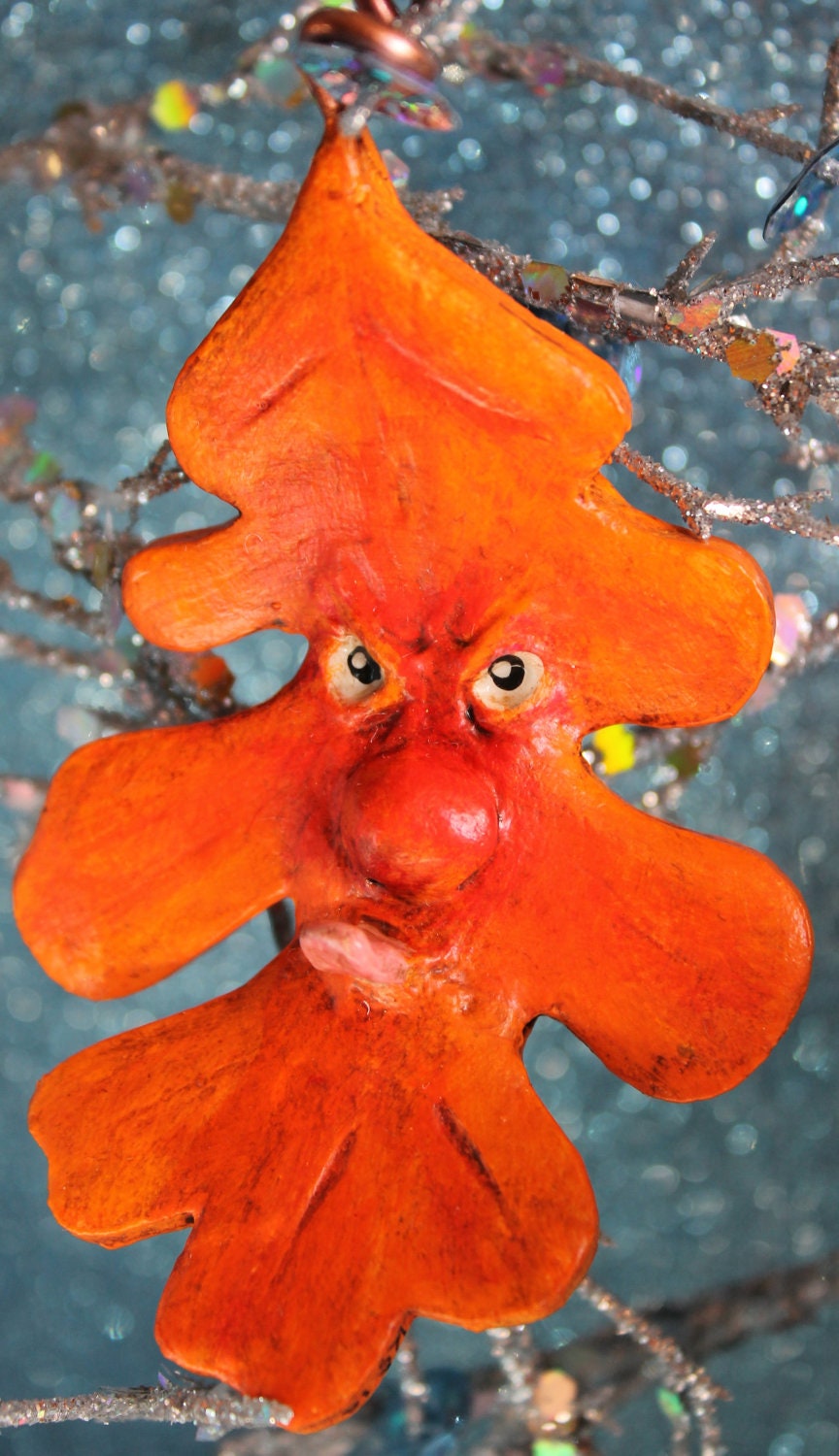 Halloween Folk Art Anthropomorphic Grumpy Red Orange  Oak Leaf Paperclay Ornament