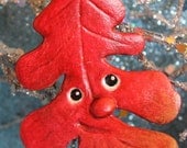 OOAK Red Paper Clay Oak Leaf Ornament