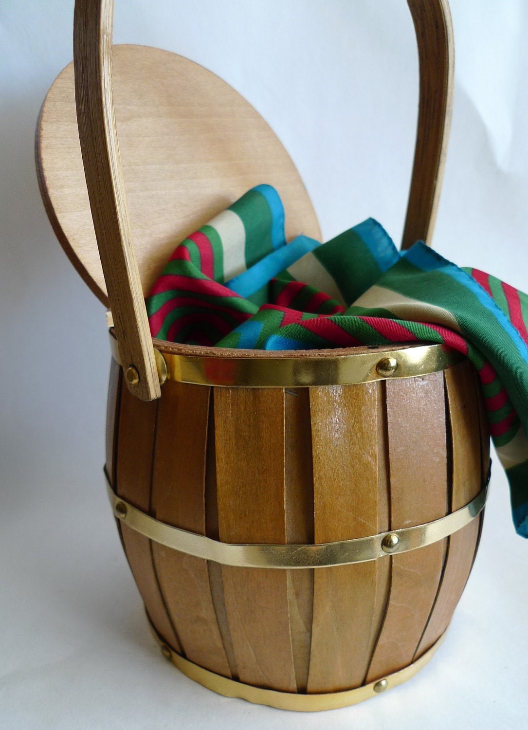 barrel wood box sewing kit handle bag wooden handmade 1960s