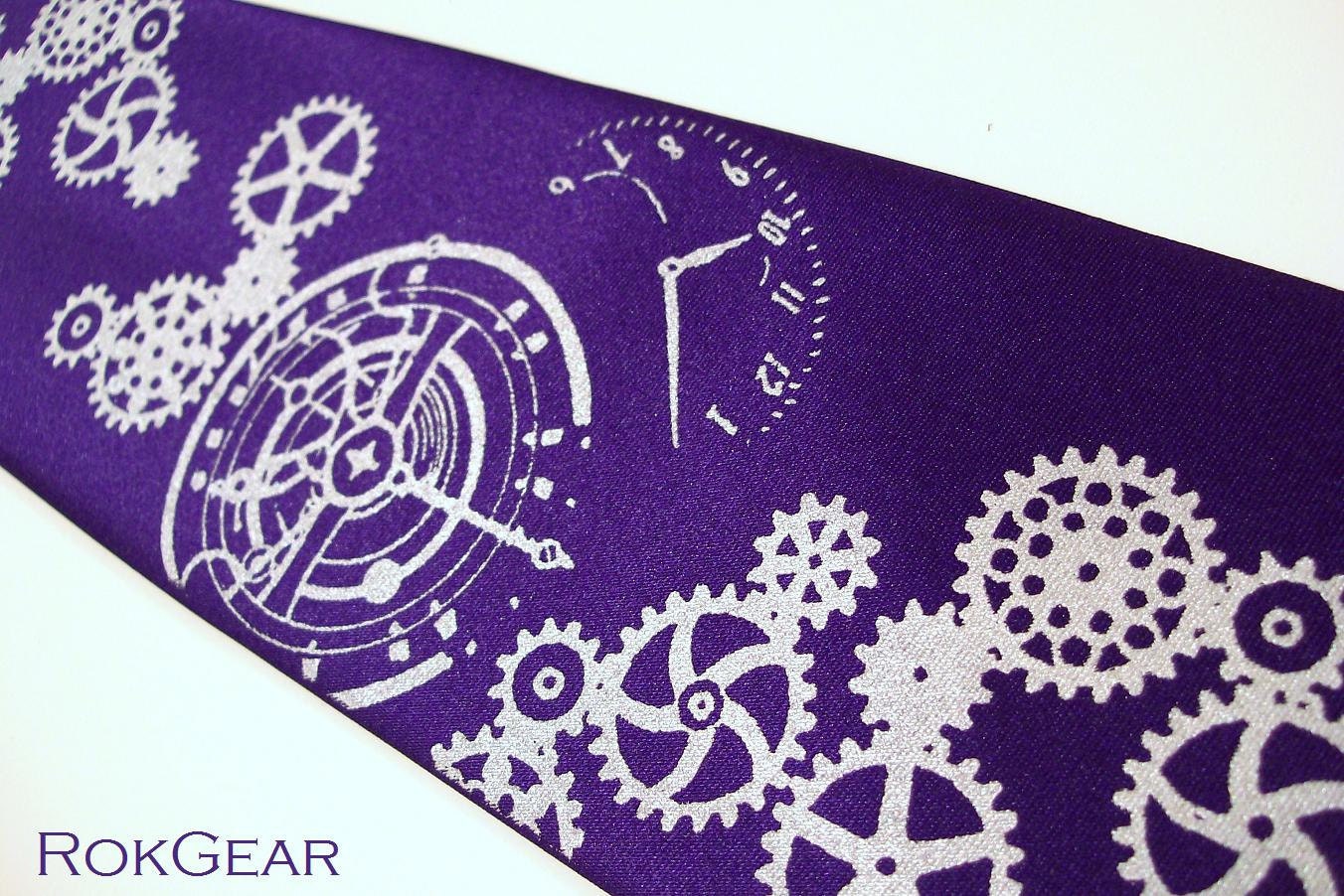 Dark purple mens necktie, Clock Worx tie. silver gears design