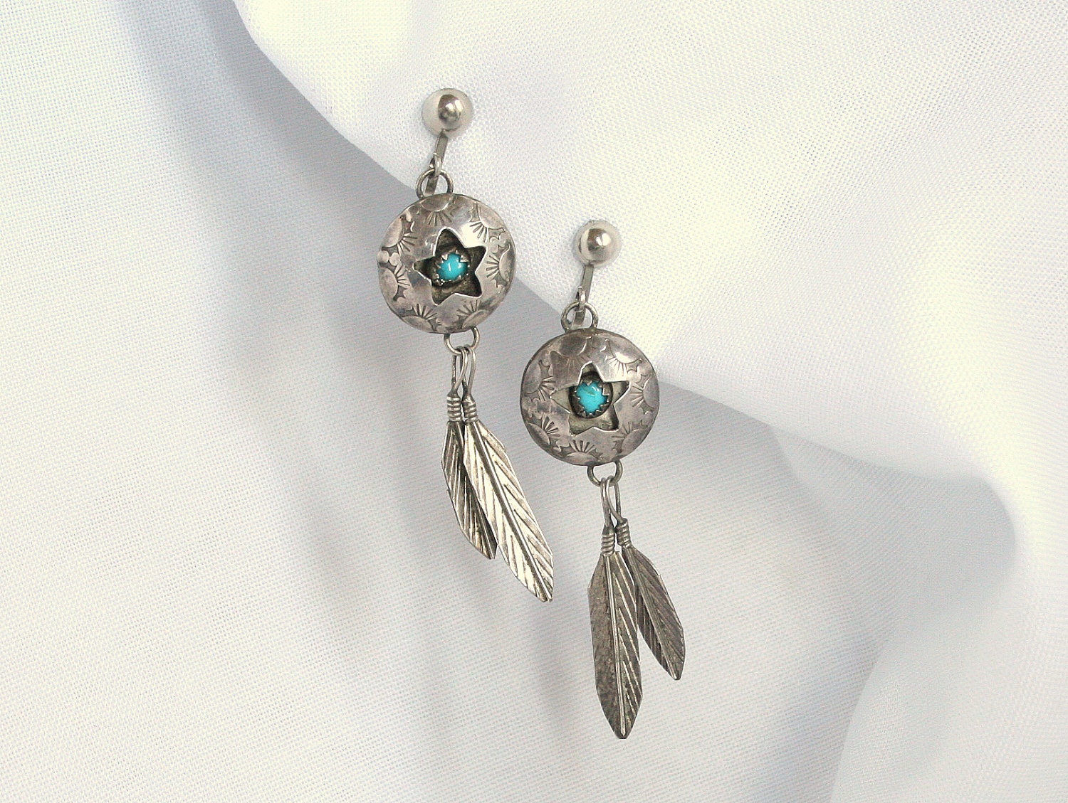 Vintage Sterling Turquoise Earrings Star Feather Dangles Native American Signed Clip On
