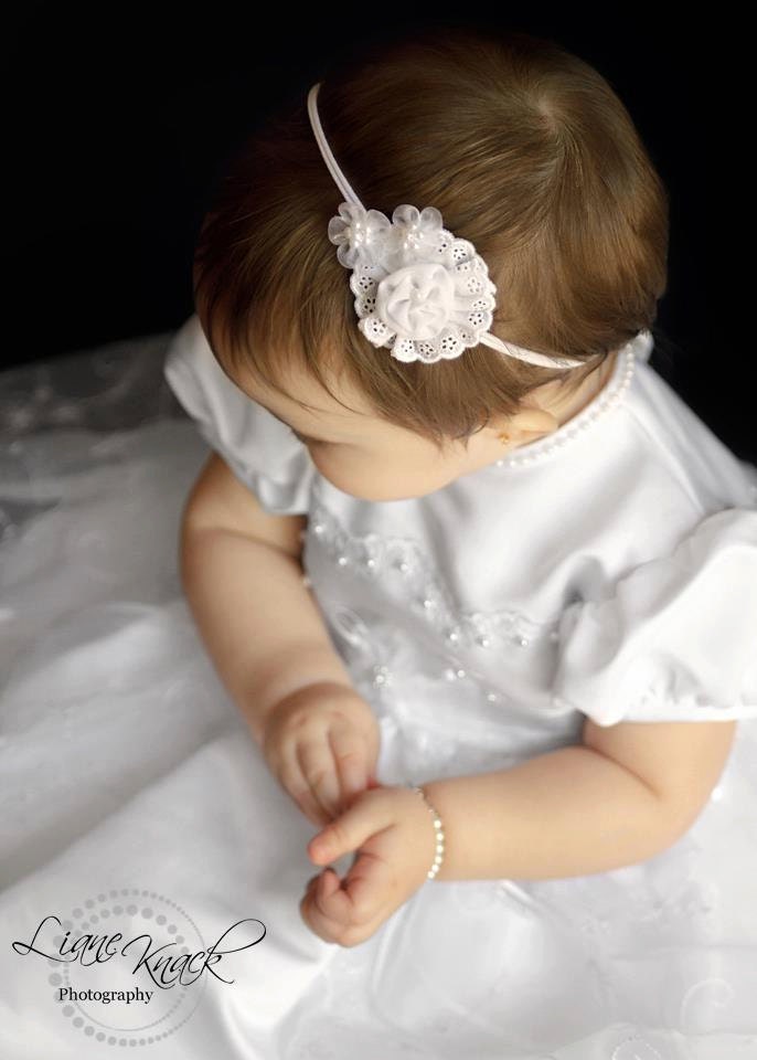 The PERFECT White BAPTISM Headband Christening Blessing Communion Eyelet Rosette Pearls Infant Newborn Toddlers Wedding Bridal Pure