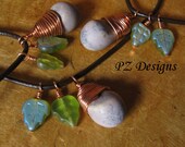 Acorn with Leaves Necklace - copper wire wrapped ceramic & glass beads