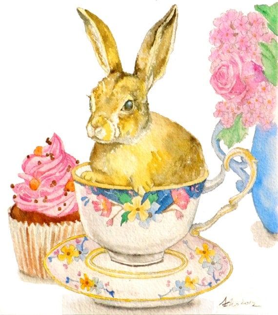 SALE Original Rabbit Watercolor-6x7,Teacup, Nursery Art