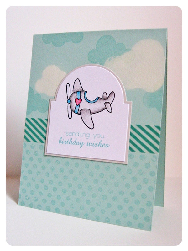 Handmade Children's Birthday Card with Airplane and Clouds
