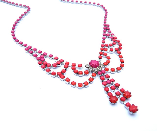 Hand Painted Rhinestone Necklace, Ombre Necklace, Statement Necklace, Pink, Coral, Orange, Salmon, Tom Binns, Valentines