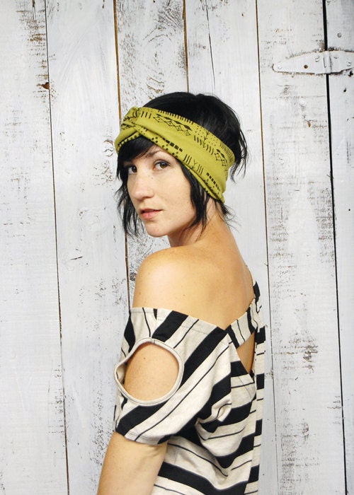 Giza Turban - Moss Green - Earwarmer  Headband Turban Print Scarf - Hand Printed Jersey by Bark Decor