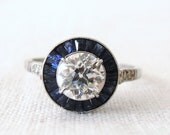 Last Chance weekend SALE, Art Deco Style Halo Engagement Sapphire and Vintage Diamond Ring