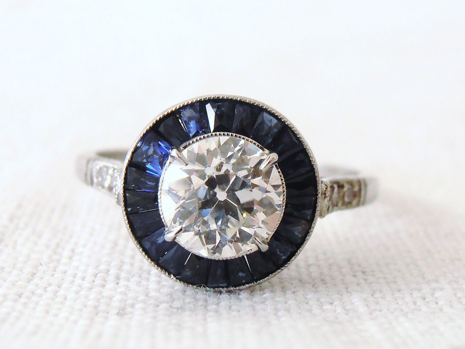 Last Chance weekend SALE, Art Deco Style Halo Engagement Sapphire and Vintage Diamond Ring