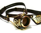 STEAMPUNK MONOGOGGLE and EYEPATCH  brown leather polished brass gears Flex Solid Frame