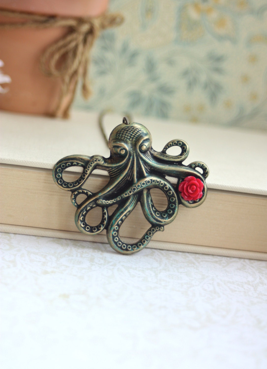 Large Verdigris Oxidized Brass Octopus, Red Rose Flower Necklace. Vintage Inspired. Unique Gifts for Her.