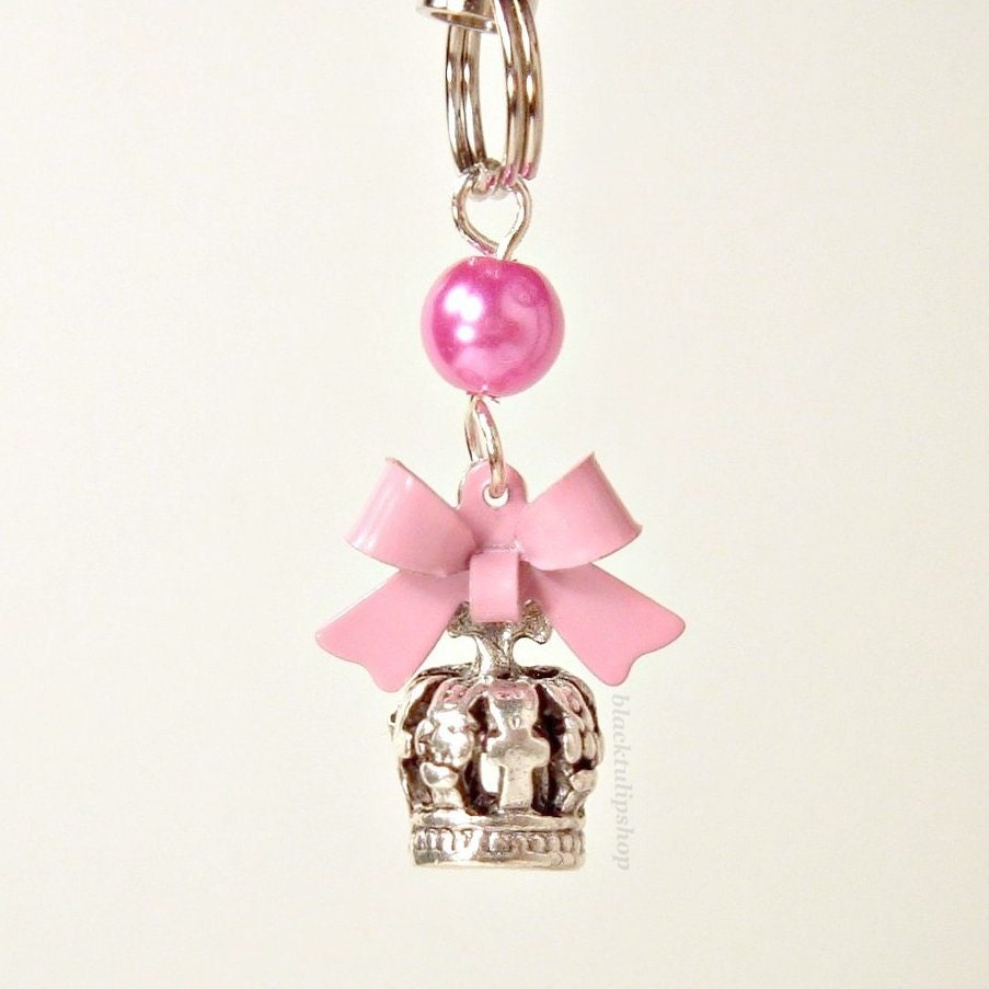 Cell Phone Charm Zipper Pull Fairy Princess Pink Bow Silver Crown