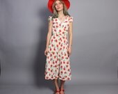 70s FLORAL Belted  DRESS / 30s Style Bright Pansy Cotton Midi, xs