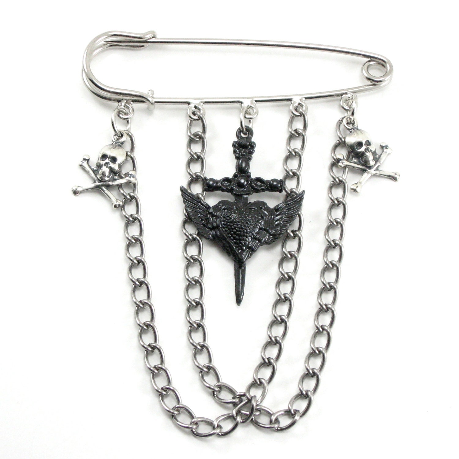 Gothic Lolita Kilt Pin Brooch - Heart of Darkness - with Skull and Crossbones Charms and Black Winged Heart Sword by Ghostlove