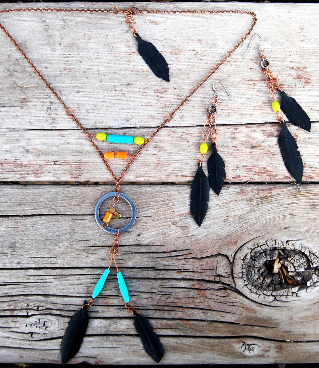 Neon Dream-catcher Necklace /  Orange Turquoise Olive / Upcycle Feather / Birthday / Southwest