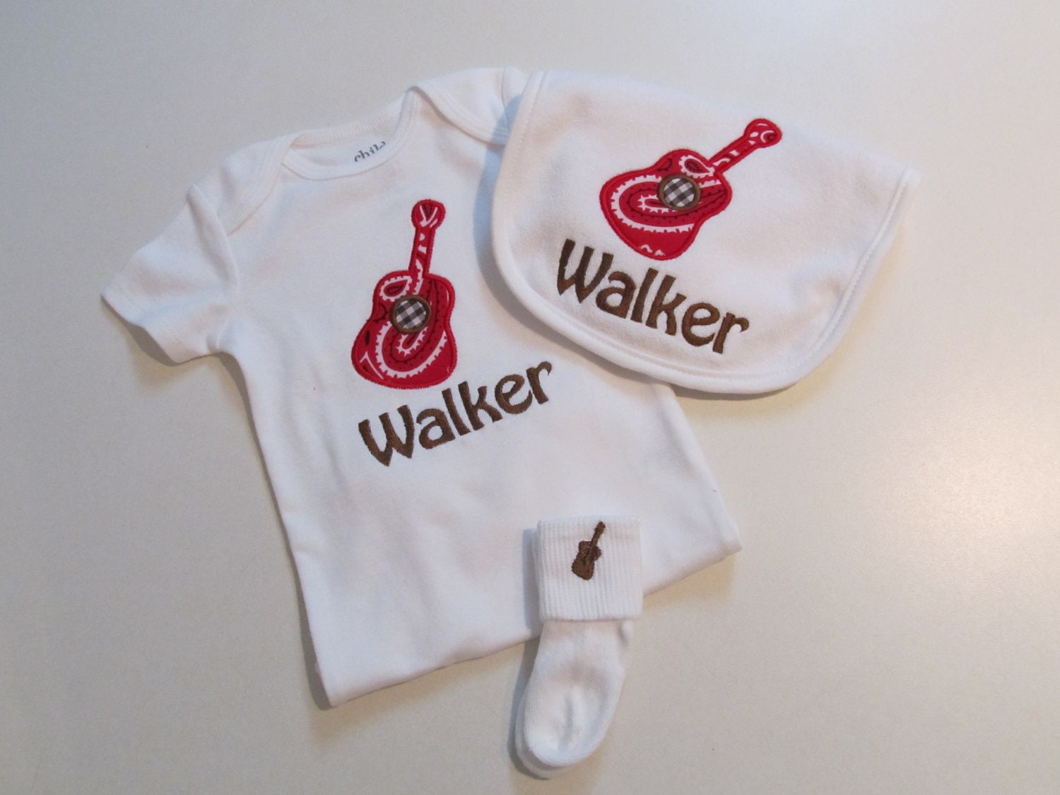 Baby Boys, Onesie,Bib and Booties Set with Guitar Applique and Monogram, Red Bandana Fabric