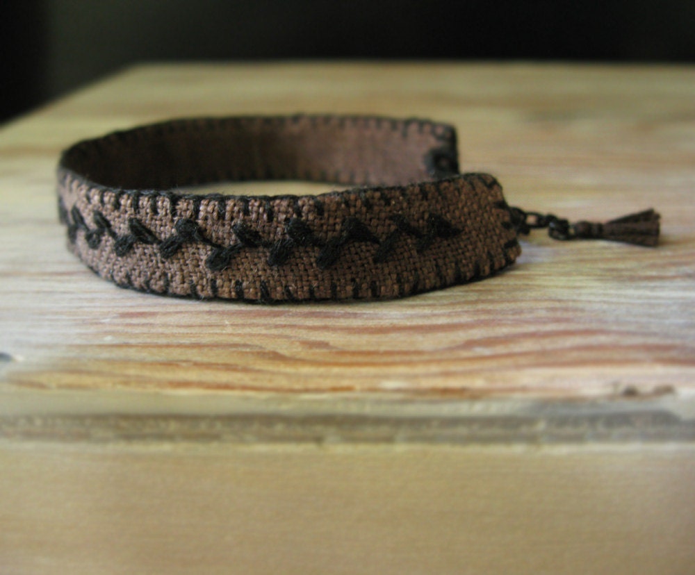 Embroidered Bracelet - Black Vine on Brown Linen