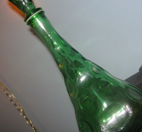Vintage Green Glass Decanter Bottle - Thumbprint Pattern - Made in Italy