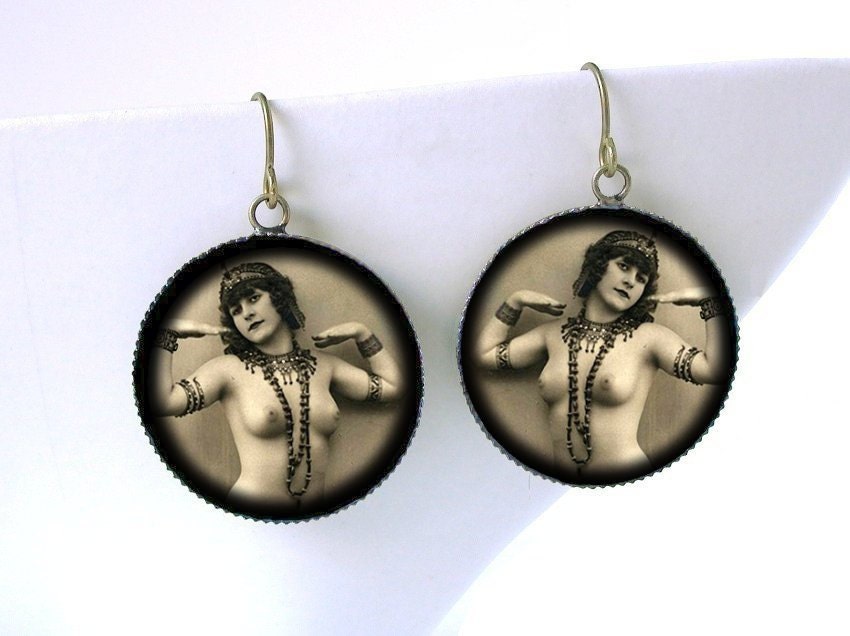 Egyptian Flapper Dangle Earrings Roaring 20s Sexy Vintage Showgirl Ziegfeld Follies Sepia Black and White Pin Up Topless Mature