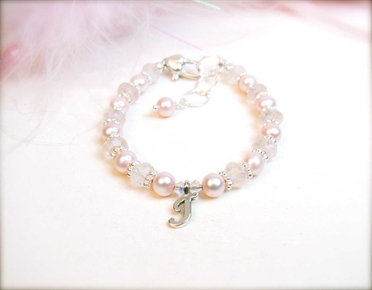 Pink Freshwater Pearl and Rose Quartz Monogram Bracelet for Girl, Toddler, Baby