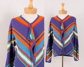 Vintage Missoni Sweater / 70s / 80s Chevron Striped w/ Ruffle - Womens M - Purple White Teal Turquoise Burgundy Pumpkin Orange Blue Dolman