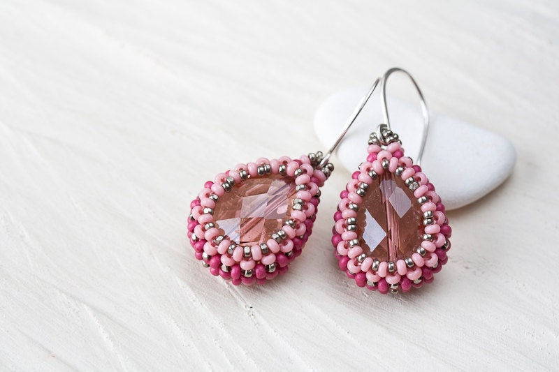 Pastel Pink Earrings, Drops, Beaded earrings, pink faceted teardrop glass, beadwoven bezel, seed bead jewelry, beadwork, sterling silver