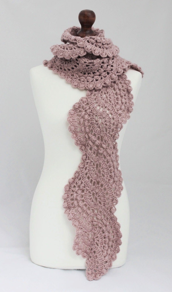 Crocheted long lace scarf in smoke rose color