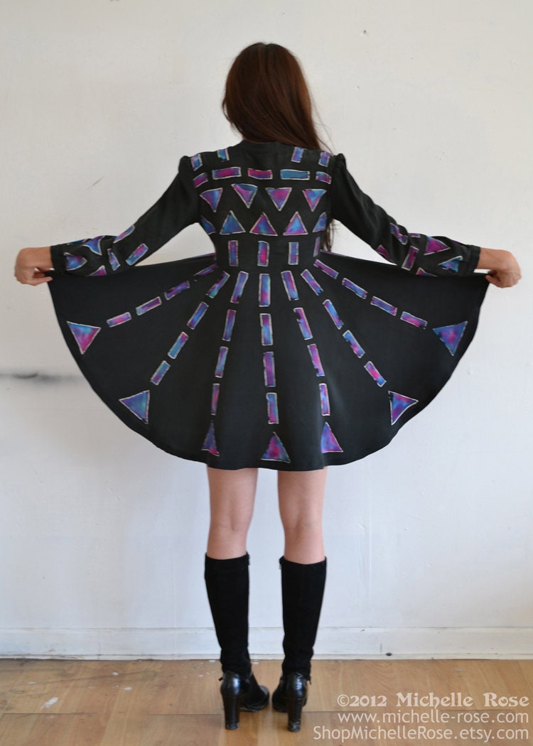 Hand Painted Silk Dress - Black Cosmos Multicolor Babydoll Dress - Silk Crepe Baby Doll Shirt Dress - Made to Order Retro Futuristic Couture