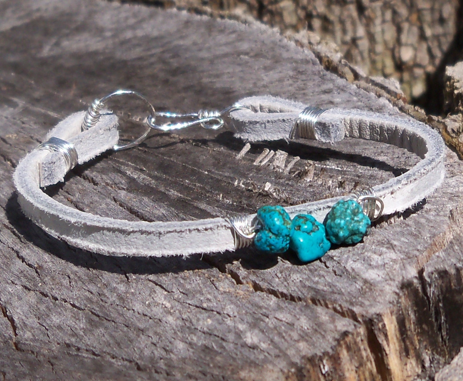 PRE SALE White Leather Turquoise Wire Wrapped Bracelet