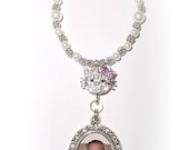 Wedding Bouquet Memorial Hello Kitty Photo Oval Metal Charm Crystal Gems Pearls Silver Diamond Tibetan Beads - FREE SHIPPING