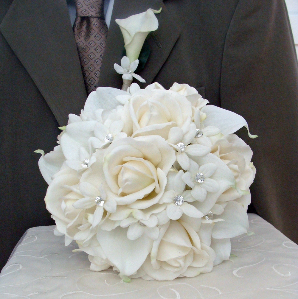 Real Touch Bridal Bouquet Stephanotis Roses Calla Lilies Groom's Boutonniere - Real Touch Calla Lilies Real Touch Roses Silk Stephanotis