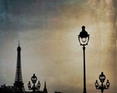 Paris Photography, Eiffel Tower, Paris, Orange, Blue, Paris Wall Decor, Lamp Post, Paris at Dusk, Dark,  Black, Gray 12x12