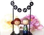 Kokeshi WEDDING CAKE TOPPER  with Mr and Mrs Bunting Banner Stand Wooden Wedding Cake Toppers Peg Doll Cake Topper