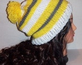 Knitted Slouch Beanie Hat White Yellow Gray Striped