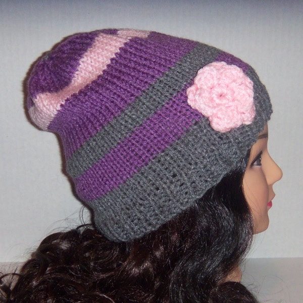 Knitted Slouchy Beanie hat Gray, Purple and Pink with crochet flower