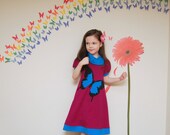 Blue Mountain Butterfly Dress, Magenta, Turquoise, and black, childrens clothing, girls dress,  2T, 3T, 4T, 5, 6, 7 (larger sizes available)