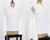 Cowl Collar Trumpet Sleeve White Blouse / Lace Details / S / M